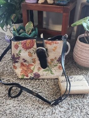 Patricia Nash Floral/Newsprint Crossbody Bag with Black Trim
